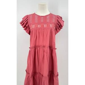 Sea New York Thora Dress Crochet Rhubarb Pink Red Flutter Sleeve Ruffle Short S
